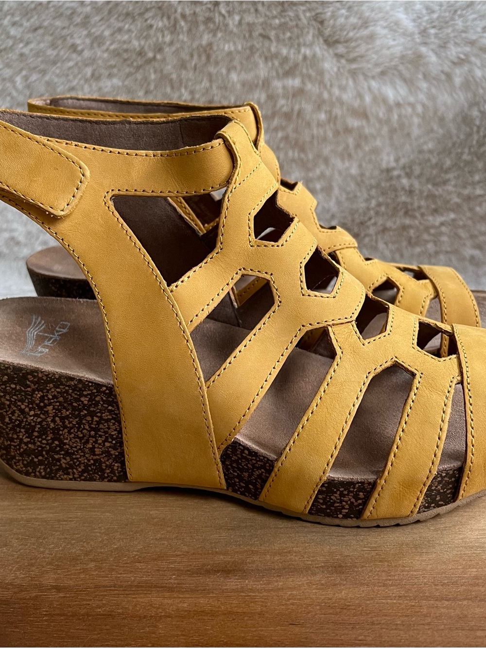 Dansko Mustard Yellow Cutout Wedge Sandals